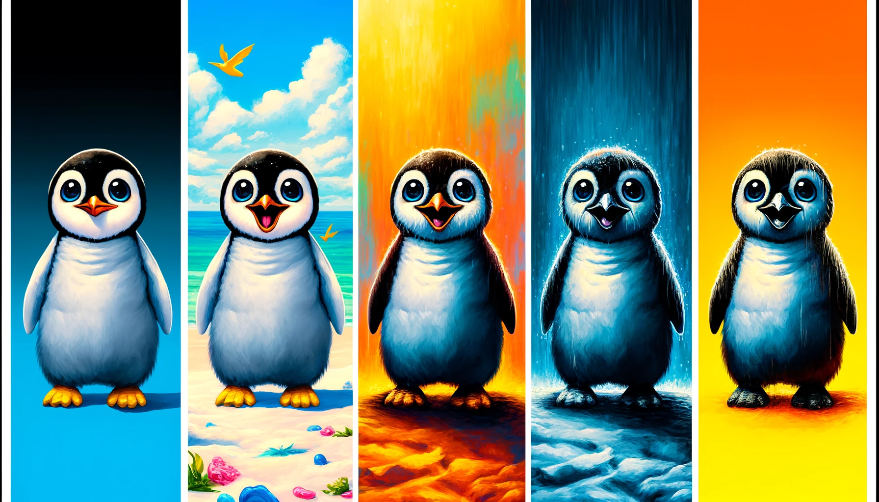 five penguins, ranging emotion from troubled to joyous
